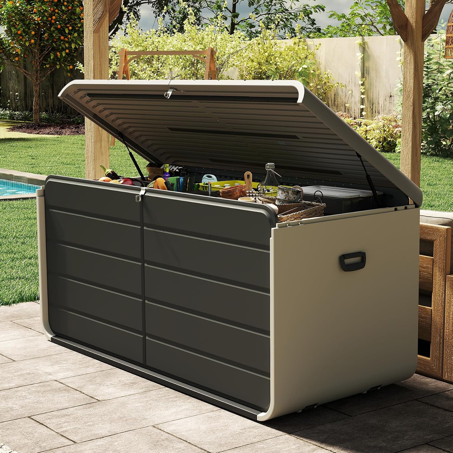 Smart Garden Storage - 屋内外兼用収納ボックス 200ガロン、大型防水樹脂デッキボックスオーガナイザーコンテナ、ロック可能な蓋付き、頑丈な耐候性プールサイドパティオガーデンクッションベンチキャビネット、グレー